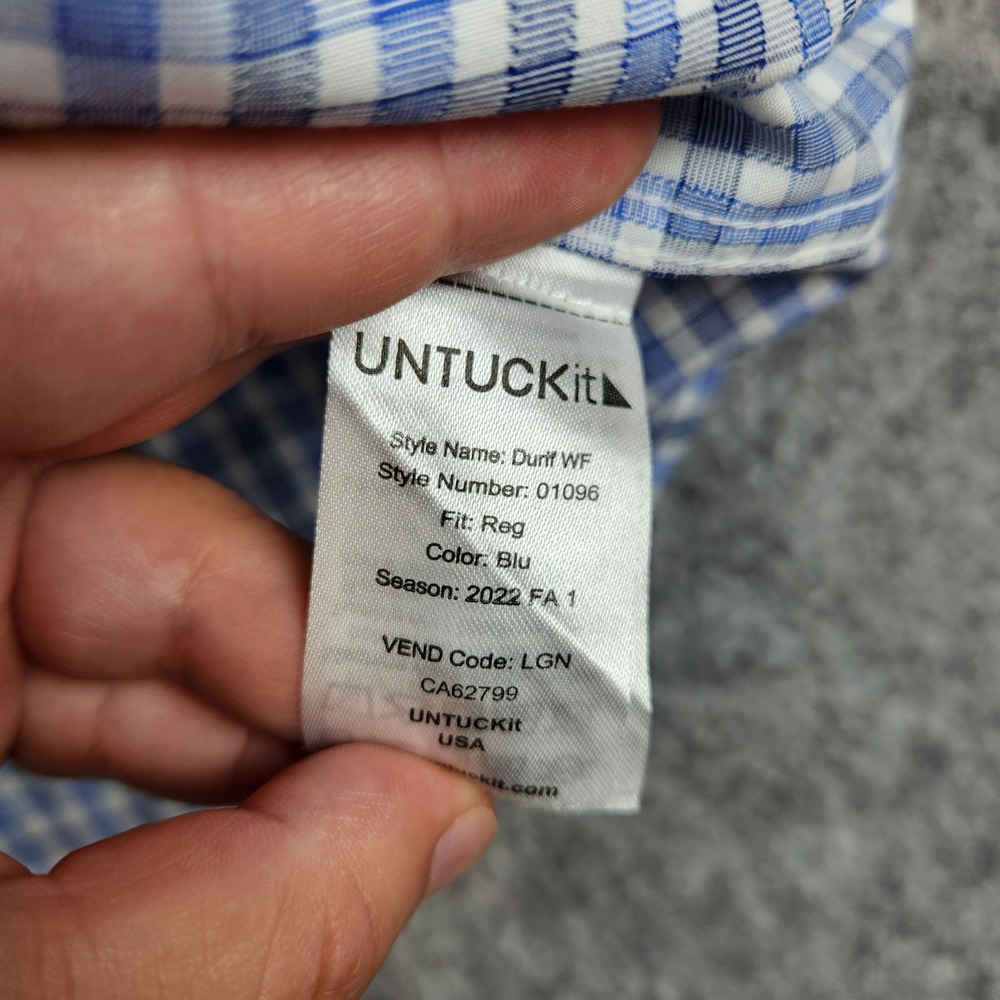 UNTUCKit Durif WF Button Down‎ Shirt Men L Blue Gingham Wrinkle Free Casual - Picture 6 of 11